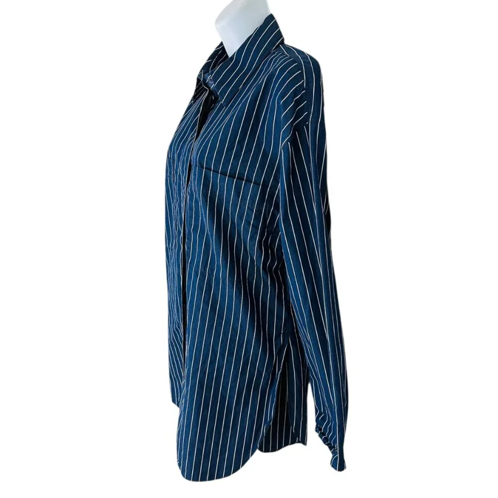 Lafayette 148 Women's Size M Striped Oversize Side Slit Blue White Tunic Shirt - Picture 2 of 7
